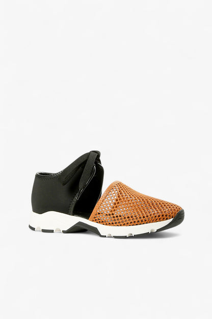 ALL BLACK brown and black leather mesh slip-on sneaker with perforated upper, elastic gore panel and chunky contrast sole, women’s lightweight comfort shoe for modern fall styling