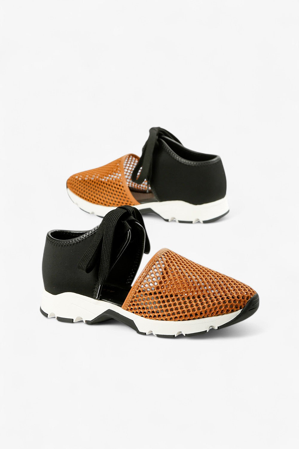 ALL BLACK cognac and black leather mesh slip-on sneaker with perforated upper, elastic gore panel and chunky contrast sole, women’s lightweight comfort shoe for modern fall styling