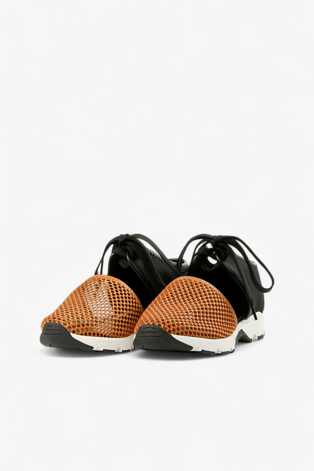 ALL BLACK cognac and black leather mesh slip-on sneaker with perforated upper, elastic gore panel and chunky contrast sole, women’s lightweight comfort shoe for modern fall styling