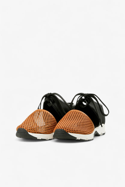 ALL BLACK cognac and black leather mesh slip-on sneaker with perforated upper, elastic gore panel and chunky contrast sole, women’s lightweight comfort shoe for modern fall styling