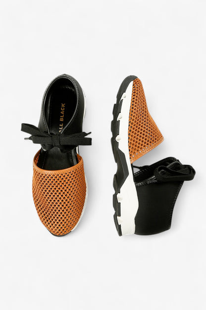 ALL BLACK cognac and black leather mesh slip-on sneaker with perforated upper, elastic gore panel and chunky contrast sole, women’s lightweight comfort shoe for modern fall styling