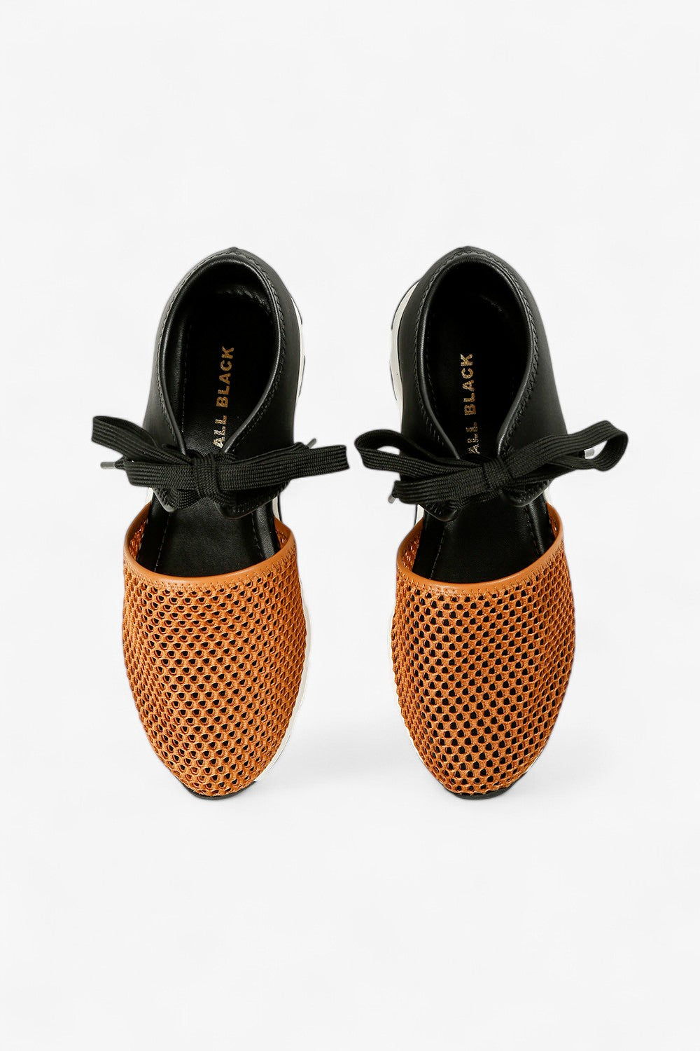 ALL BLACK cognac and black leather mesh slip-on sneaker with perforated upper, elastic gore panel and chunky contrast sole, women’s lightweight comfort shoe for modern fall styling