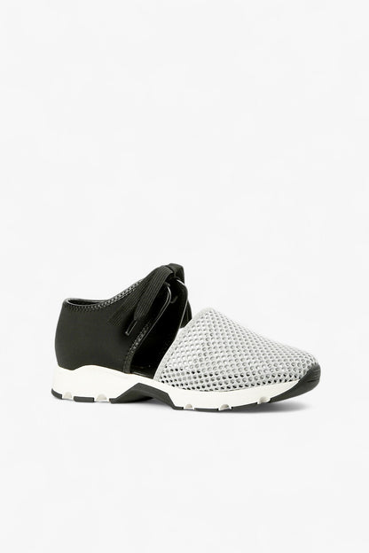ALL BLACK grey and black leather mesh slip-on sneaker with perforated upper, elastic gore panel and chunky contrast sole, women’s lightweight comfort shoe for modern fall styling