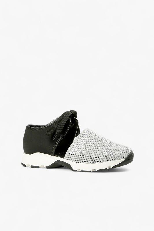 ALL BLACK grey and black leather mesh slip-on sneaker with perforated upper, elastic gore panel and chunky contrast sole, women’s lightweight comfort shoe for modern fall styling