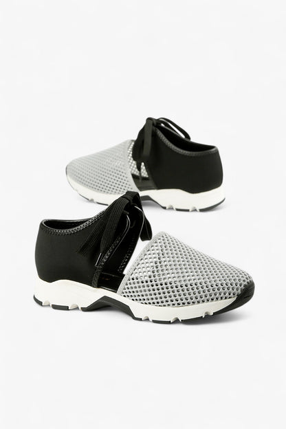 ALL BLACK grey and black leather mesh slip-on sneaker with perforated upper, elastic gore panel and chunky contrast sole, women’s lightweight comfort shoe for modern fall styling