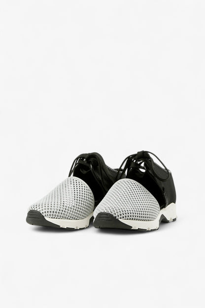 ALL BLACK grey and black leather mesh slip-on sneaker with perforated upper, elastic gore panel and chunky contrast sole, women’s lightweight comfort shoe for modern fall styling