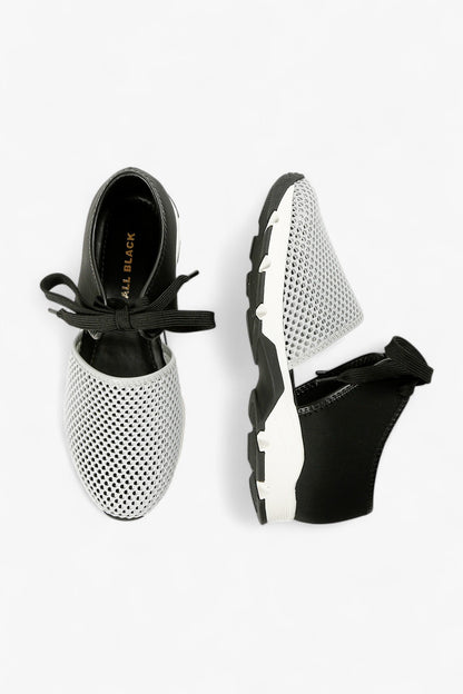 ALL BLACK grey and black leather mesh slip-on sneaker with perforated upper, elastic gore panel and chunky contrast sole, women’s lightweight comfort shoe for modern fall styling