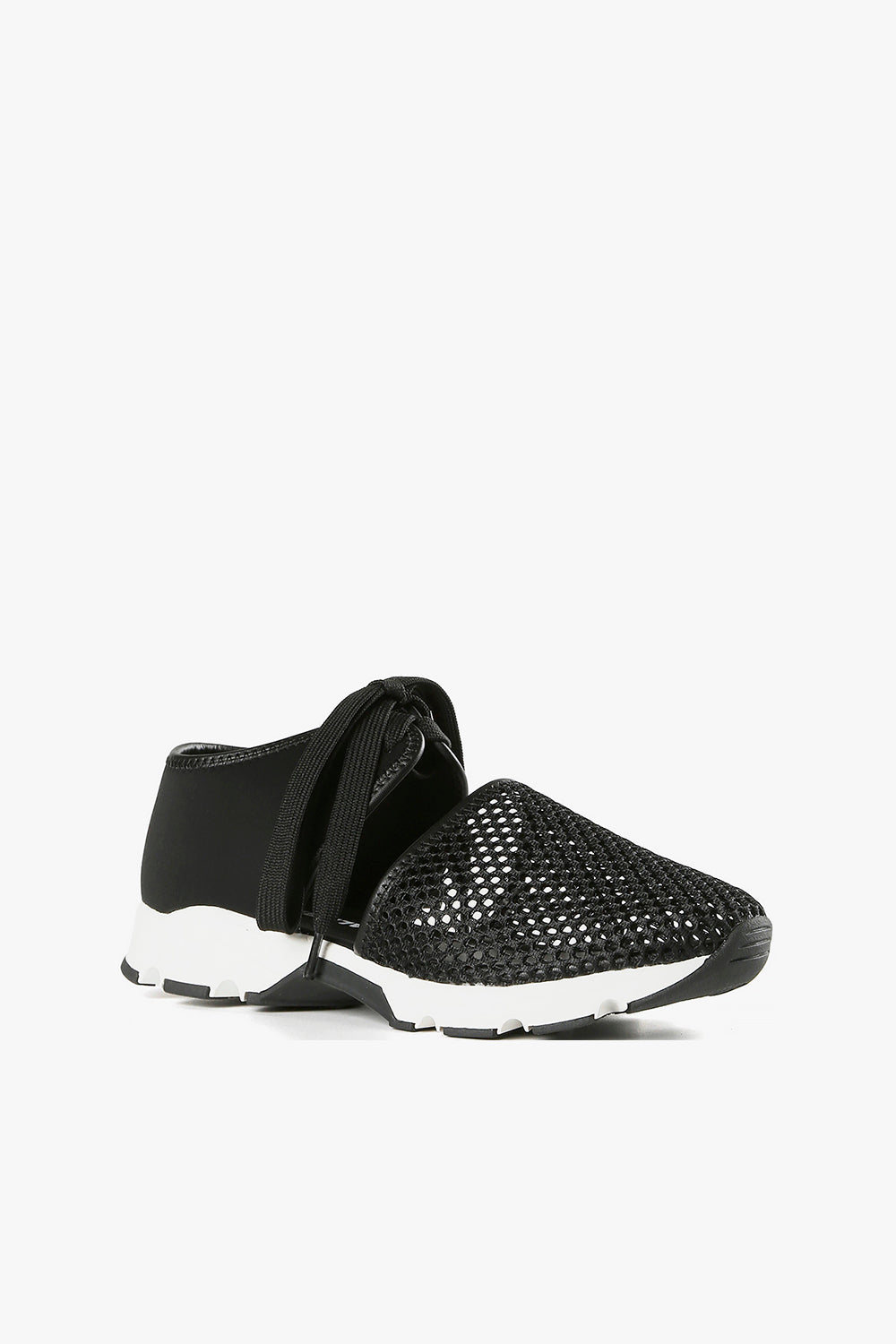 Women's signature black mesh cutout sneakers with breathable open weave, wide laces, and white sporty sole