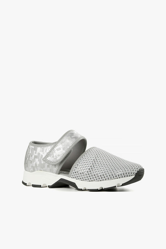 Women's gray mesh sneaker sandal with silver digital camo print heel, velcro strap, and chunky lug sole side view