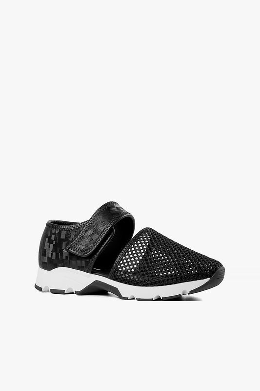 Women's black mesh Mary Jane sneakers with digital pixelated heel print, hook-and-loop strap, and white sporty sole side view