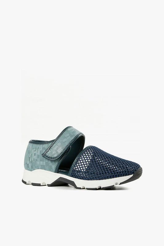 Women's blue mesh closed toe hybrid sandal, digital camouflage heel with wide velcro strap and chunky white sole