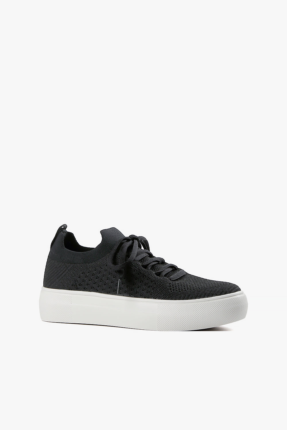 Women’s black breathable knit sneaker with platform white sole and lace-up front, side view