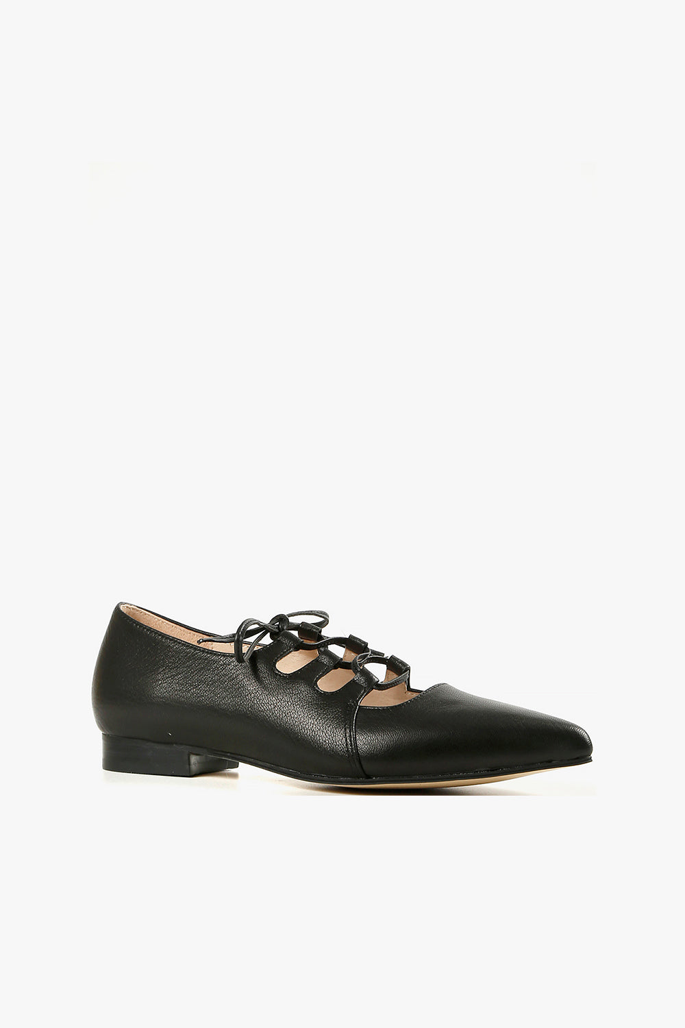 Women's black leather Ghillie lace-up flats with pointed toe and low block heel side view