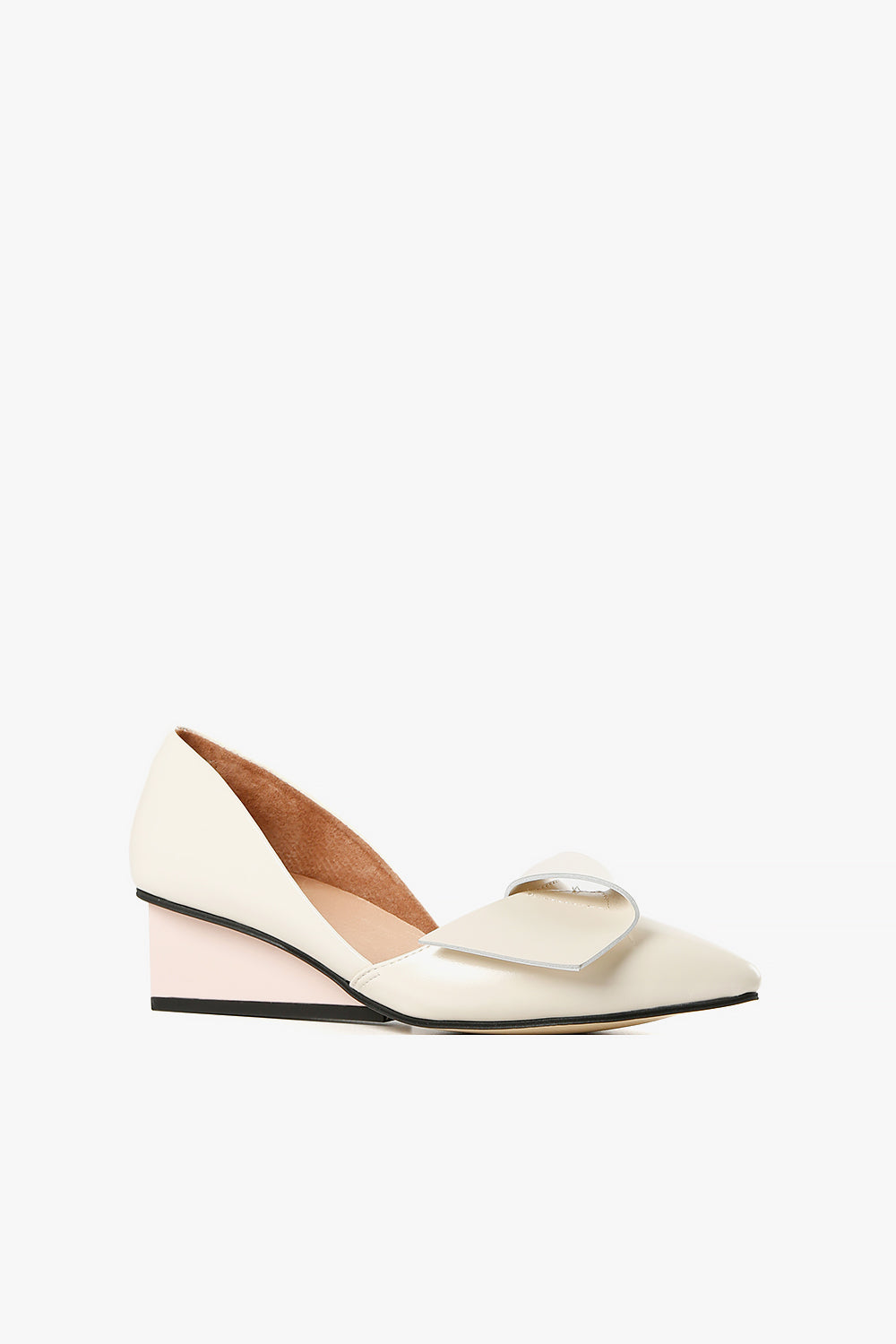 Women's ivory leather d'Orsay pumps with architectural square wedge heel and half-bow detail side view.