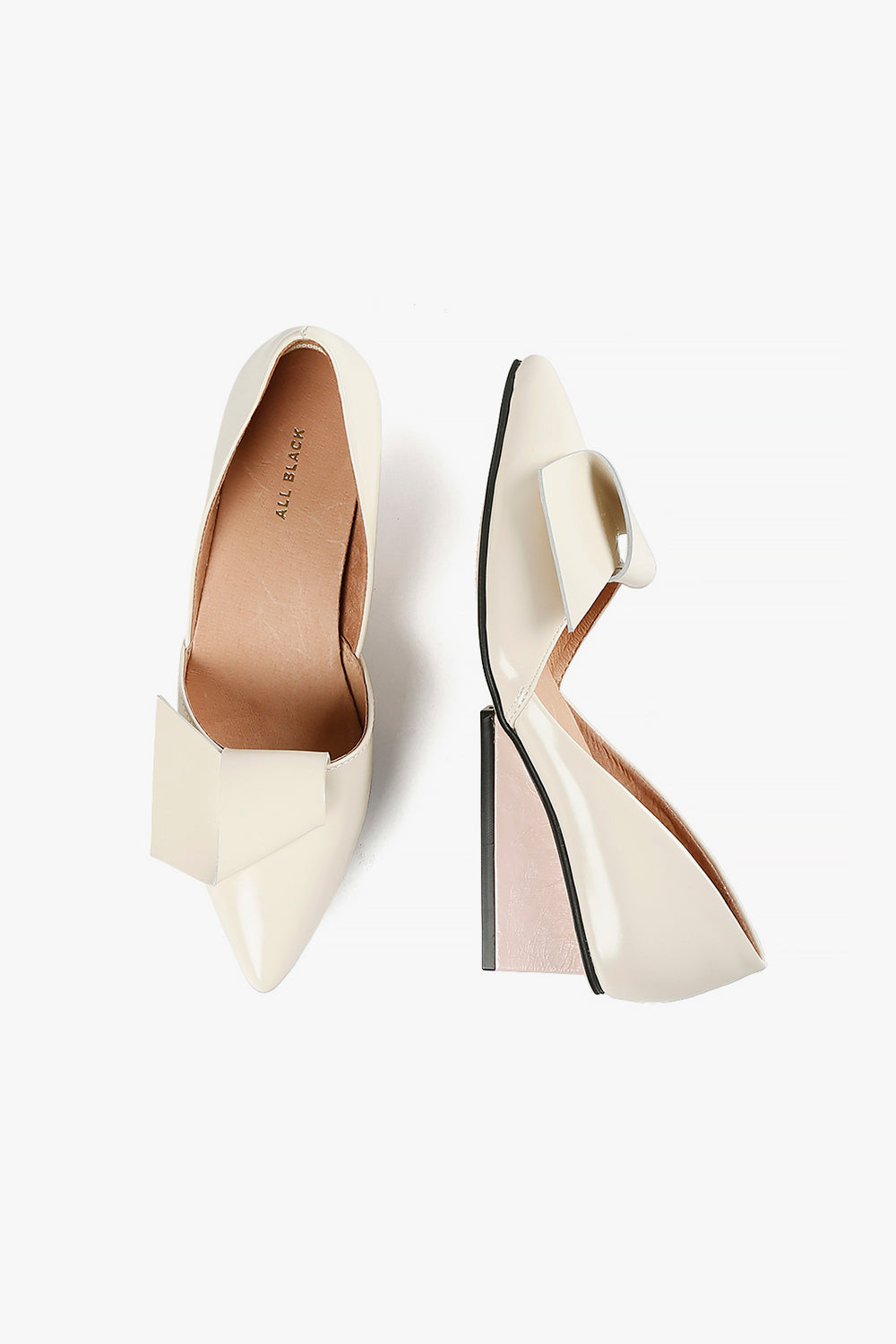 Top and side view of women's ivory pointed-toe shoes with half-bow detail and pink-toned square wedge heel.
