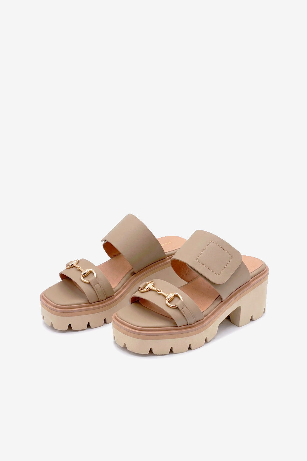 Pair of ALL BLACK Women’s Beige Leather Platform Sole Block Heel Slide Sandals
