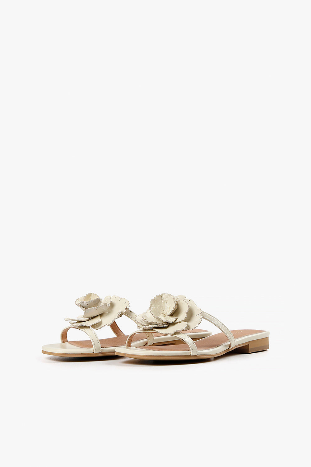 ALL BLACK Flower Slide Sandals in Beige Leather Pair View