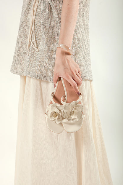 ALL BLACK Beige Flower Slide Sandals with Handmade Leather Flowers Lifestyle Detail