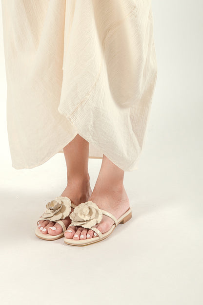 ALL BLACK Beige Leather Flower Slide Sandals Worn with Flowing Summer Dress