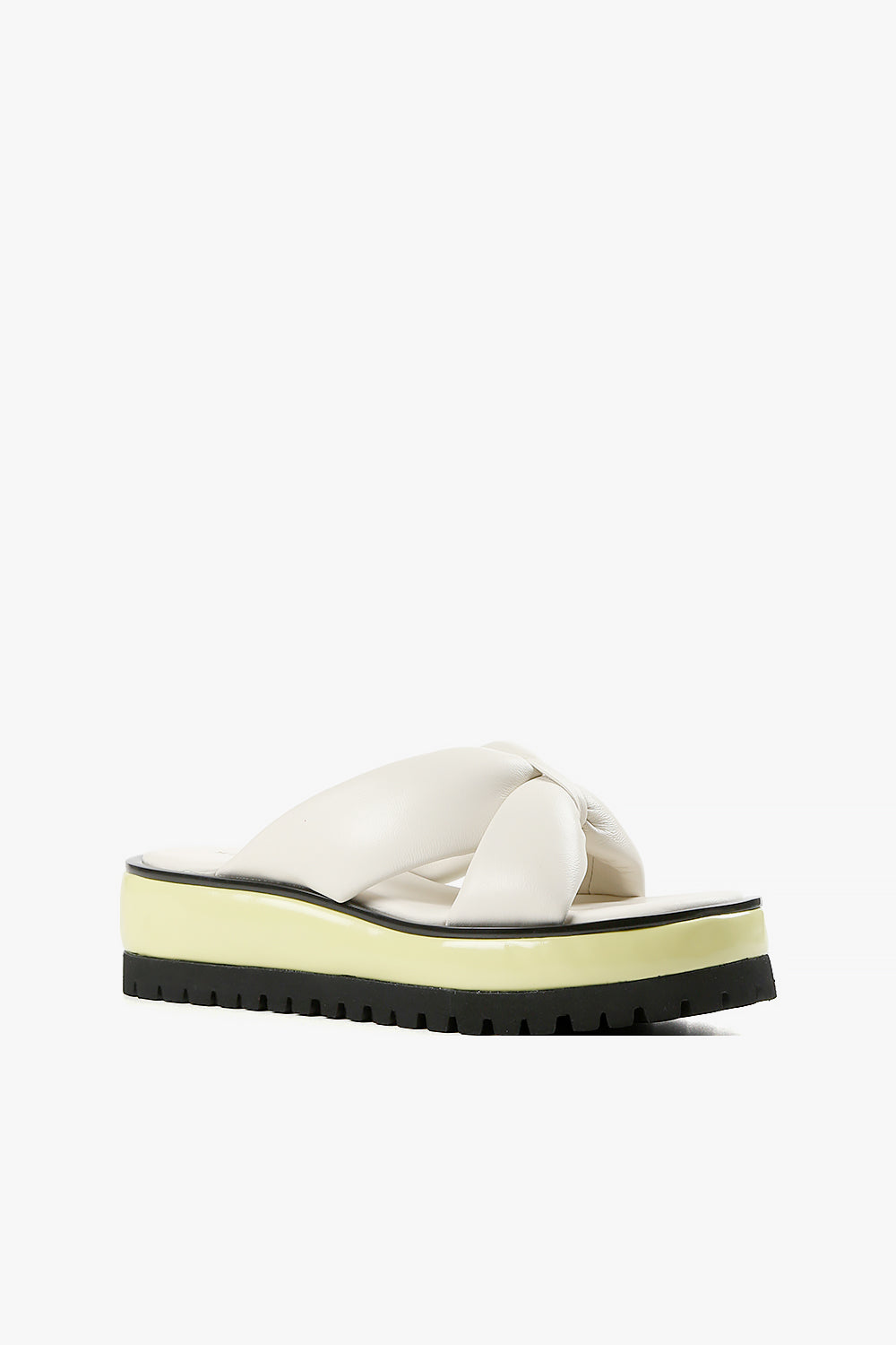 Women's ivory padded leather crossover platform sandals with neon yellow and black lug sole side view.