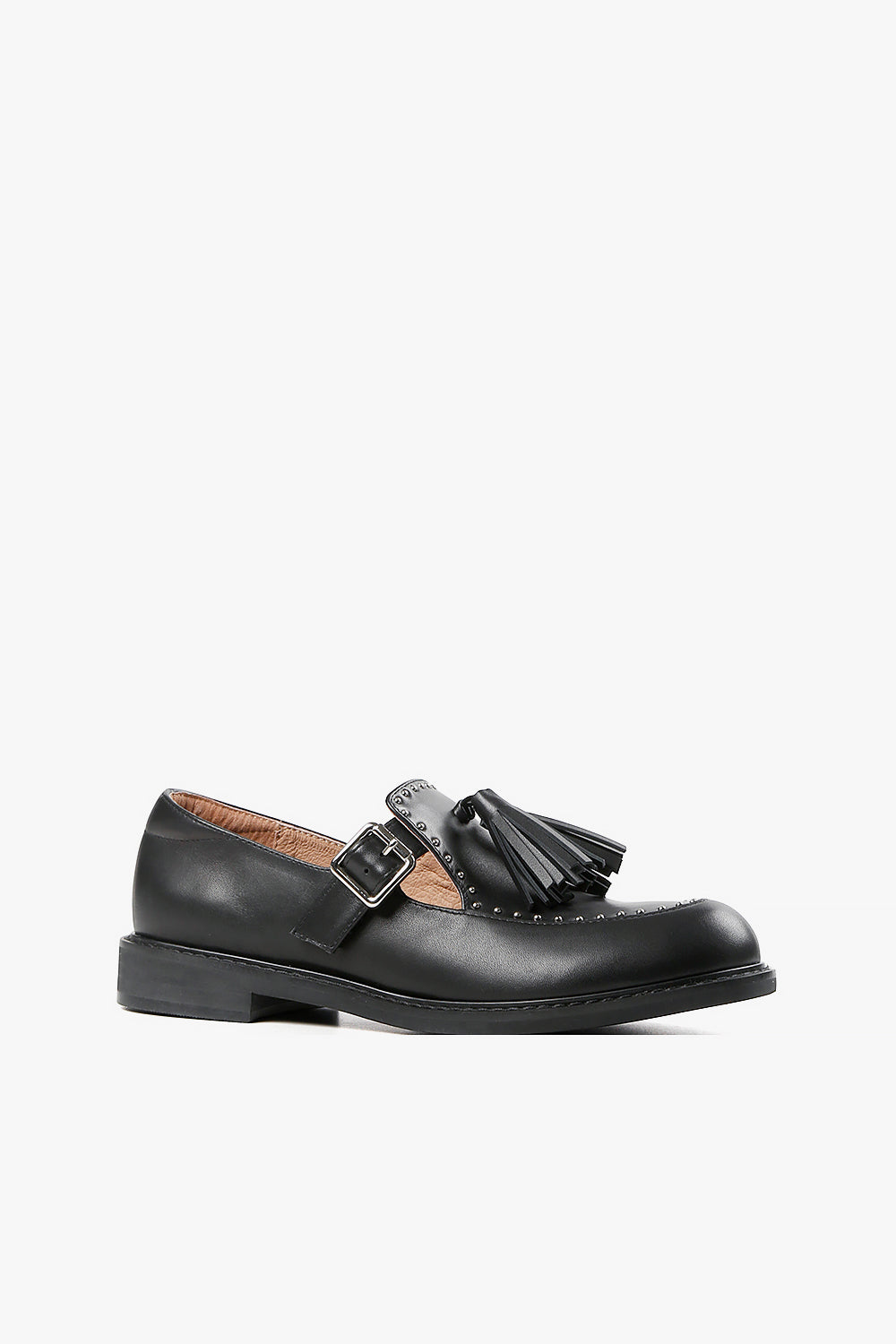 Women's black leather monk strap Mary Jane loafers with tassel detail, micro-stud trim, and low block heel side view