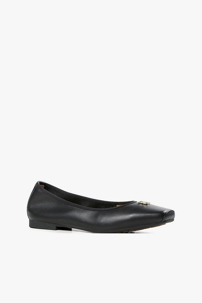 Women's black leather square toe loafers with chunky block heel and split-toe detail, minimalist designer pumps.
