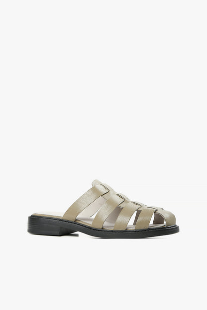 taupe leather fisherman slide sandal for women, low heel woven mule, neutral summer-to-fall fashion shoe
