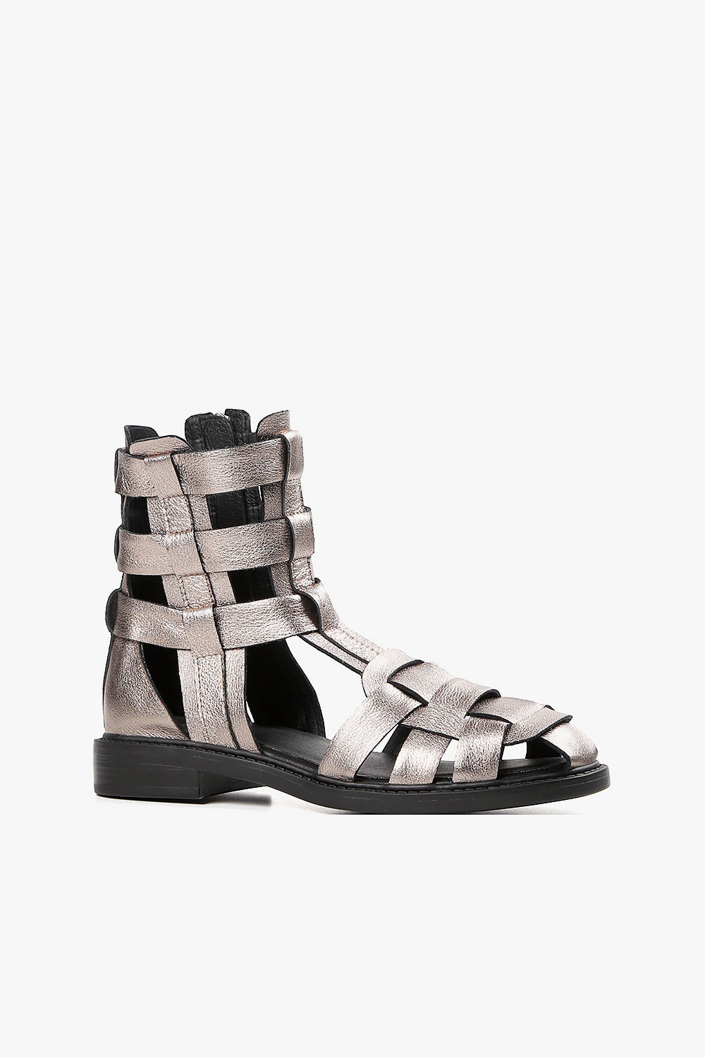 Women's metallic pewter leather gladiator sandals with wide woven straps and high ankle coverage side view.