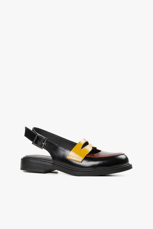 black and mustard leather slingback loafers for women, buckle strap low heel statement fall shoe
