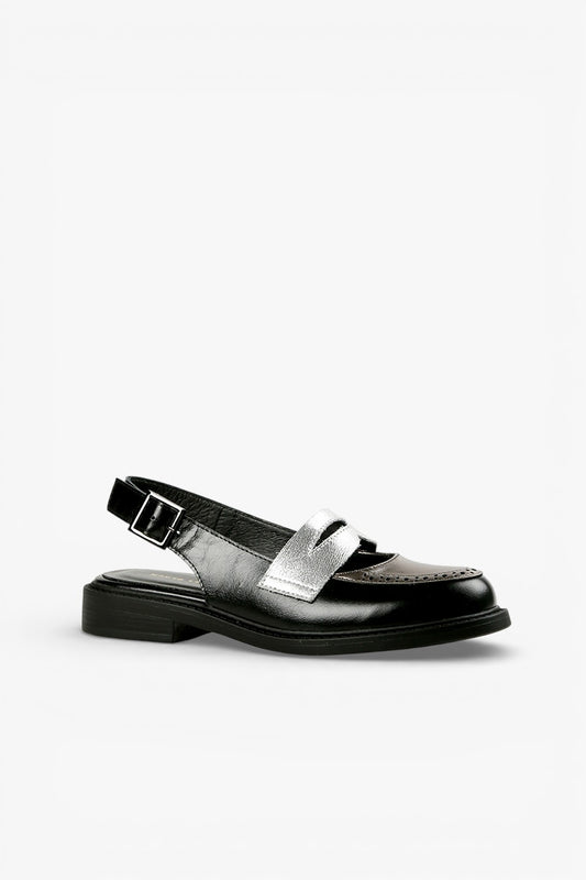black and silver slingback loafers for women, metallic strap low heel leather dress shoe, retro fall statement footwear