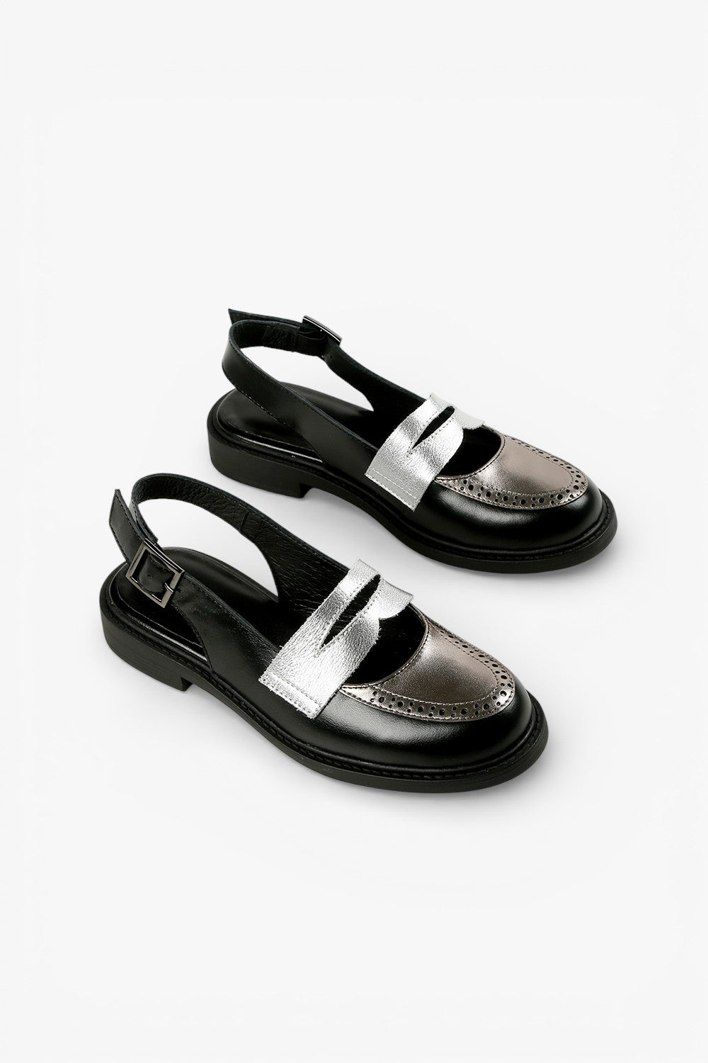 black leather slingback Mary Jane loafers with silver metallic strap and brogue wingtip detail, women’s low heel color block fall dress shoes