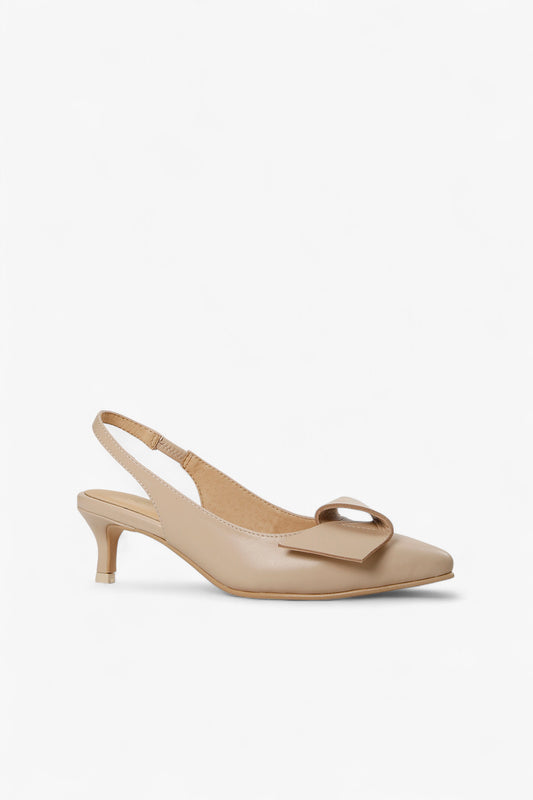 nude beige leather slingback kitten heel pump with oversized bow detail and pointed toe, women’s elegant low heel dress shoe for fall styling