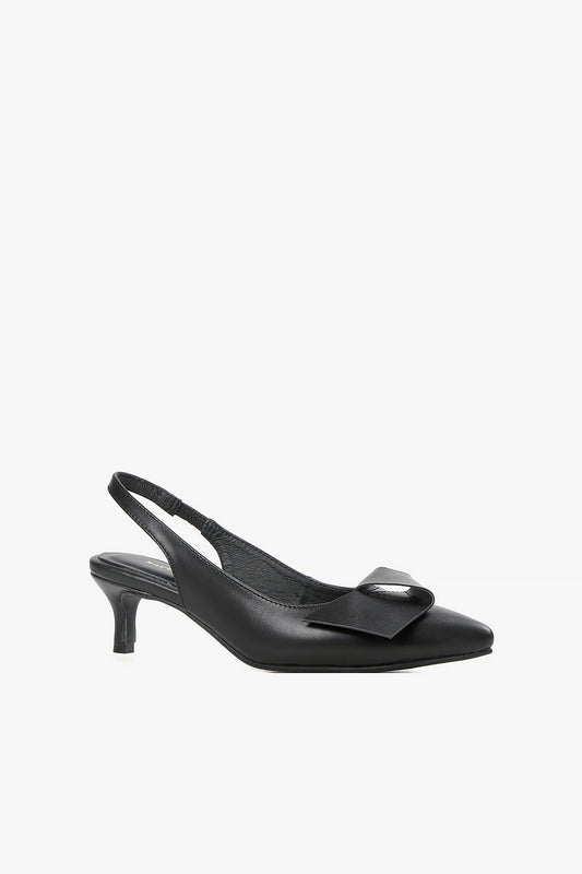 black leather slingback kitten heel pump with oversized bow detail and pointed toe, women’s elegant low heel dress shoe for fall styling