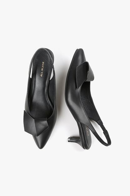 black leather slingback kitten heel pump with oversized bow detail and pointed toe, women’s elegant low heel dress shoe for fall styling