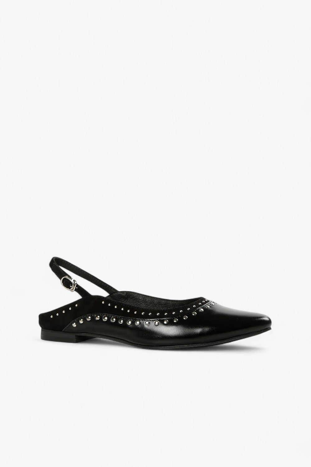 black leather slingback flat with silver stud embellishments and pointed toe, women’s edgy low heel dress shoe for fall statement styling
