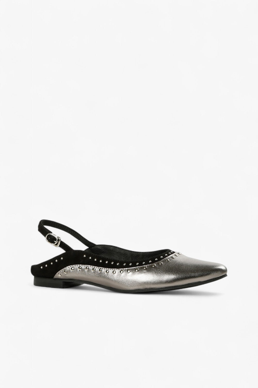 pewter and black leather studded slingback flats with pointed toe and contrast trim, women’s edgy low heel dress shoes for fall statement styling