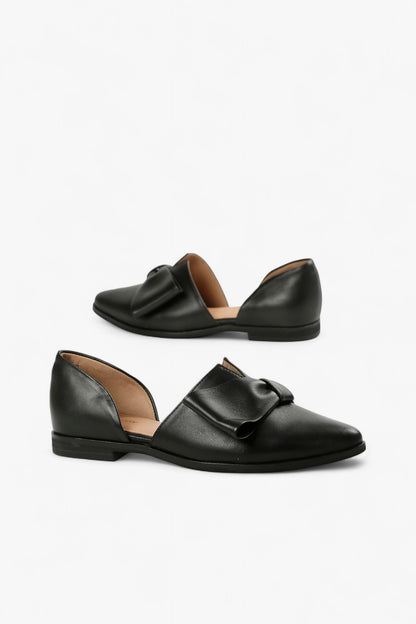 Pair of ALL BLACK Women’s Black Soft Leather Pointed Toe Halfbow D'Orsay Flats