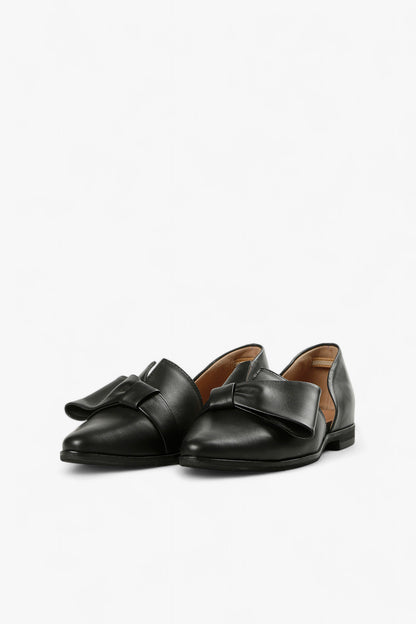 Front View of ALL BLACK Women’s Black Soft Leather Pointed Toe Halfbow D'Orsay Flats