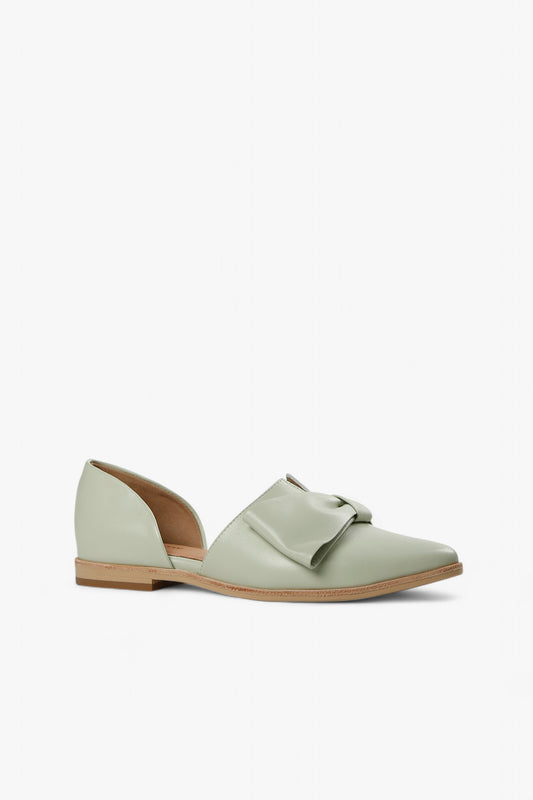 sage green leather d’Orsay flat with oversized bow detail and round toe, women’s minimalist low heel dress shoe for modern fall styling
