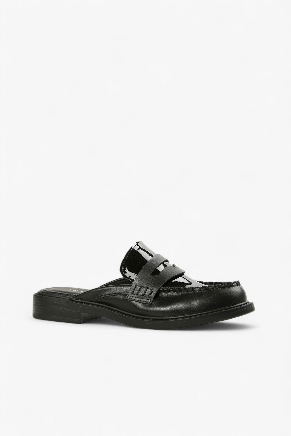Side View of ALL BLACK Women’s Black Leather and Patent Leather Penny Loafer Mule