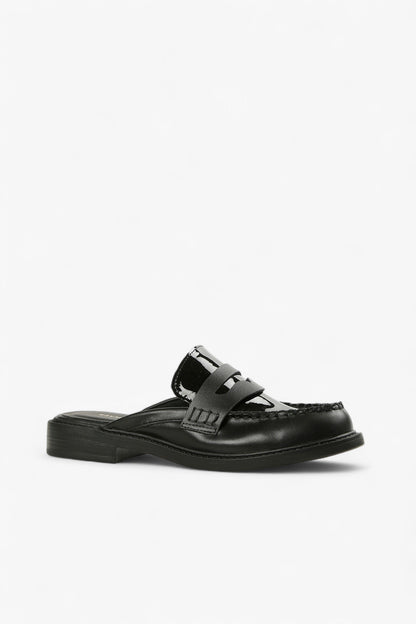 Side View of ALL BLACK Women’s Black Leather and Patent Leather Penny Loafer Mule