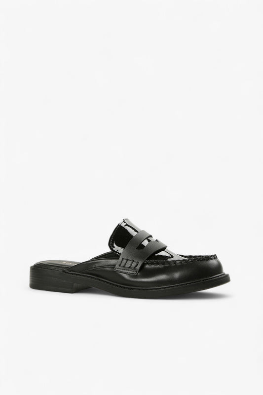 black leather and patent penny loafer mule with moc toe stitching, women’s low heel slip-on dress shoe for modern fall styling