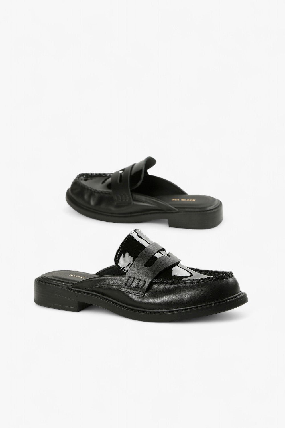 Pair of ALL BLACK Women’s Black Leather and Patent Leather Penny Loafer Mules