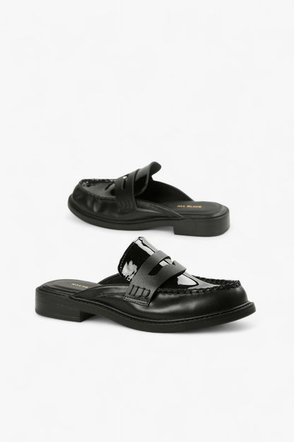 Pair of ALL BLACK Women’s Black Leather and Patent Leather Penny Loafer Mules
