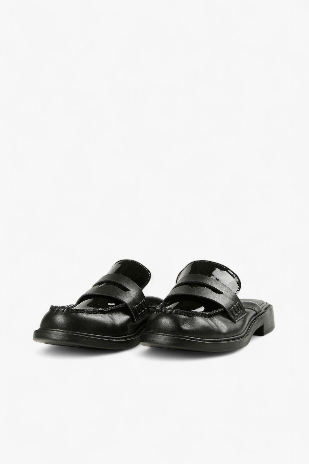Front View of ALL BLACK Women’s Black Leather and Patent Leather Penny Loafer Mules