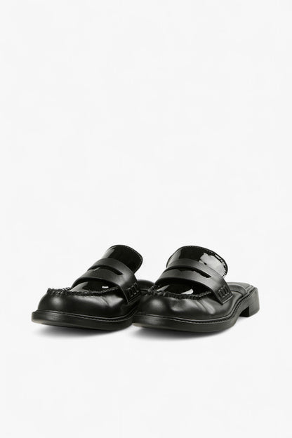 Front View of ALL BLACK Women’s Black Leather and Patent Leather Penny Loafer Mules