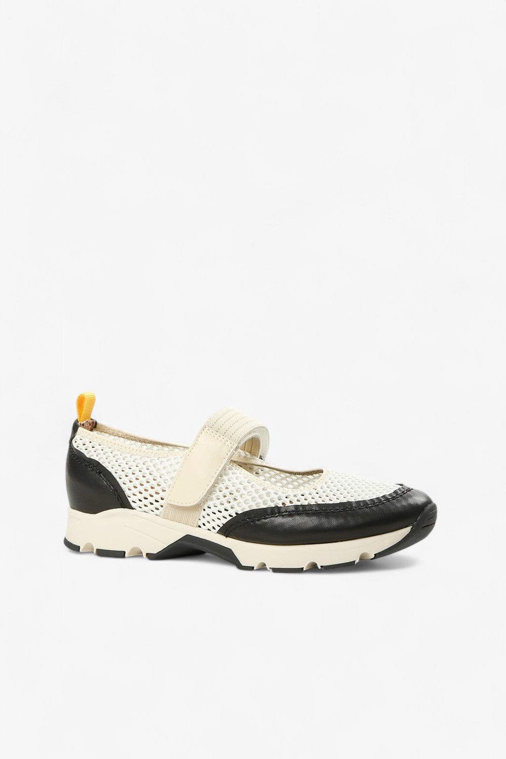Side View of ALL BLACK Women’s Beige Mesh and Leather Mary Jane Sneaker