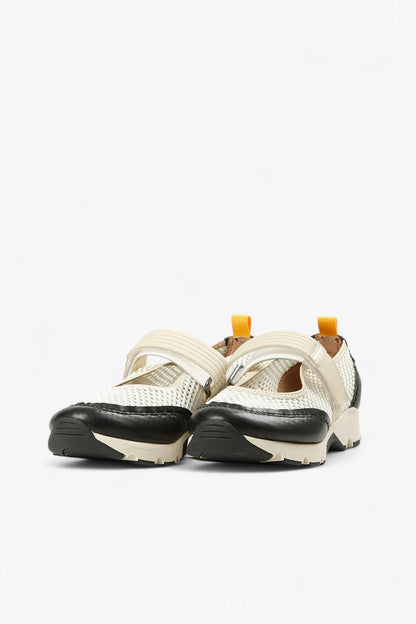 Front View of ALL BLACK Women’s Beige Mesh and Leather Mary Jane Sneakers