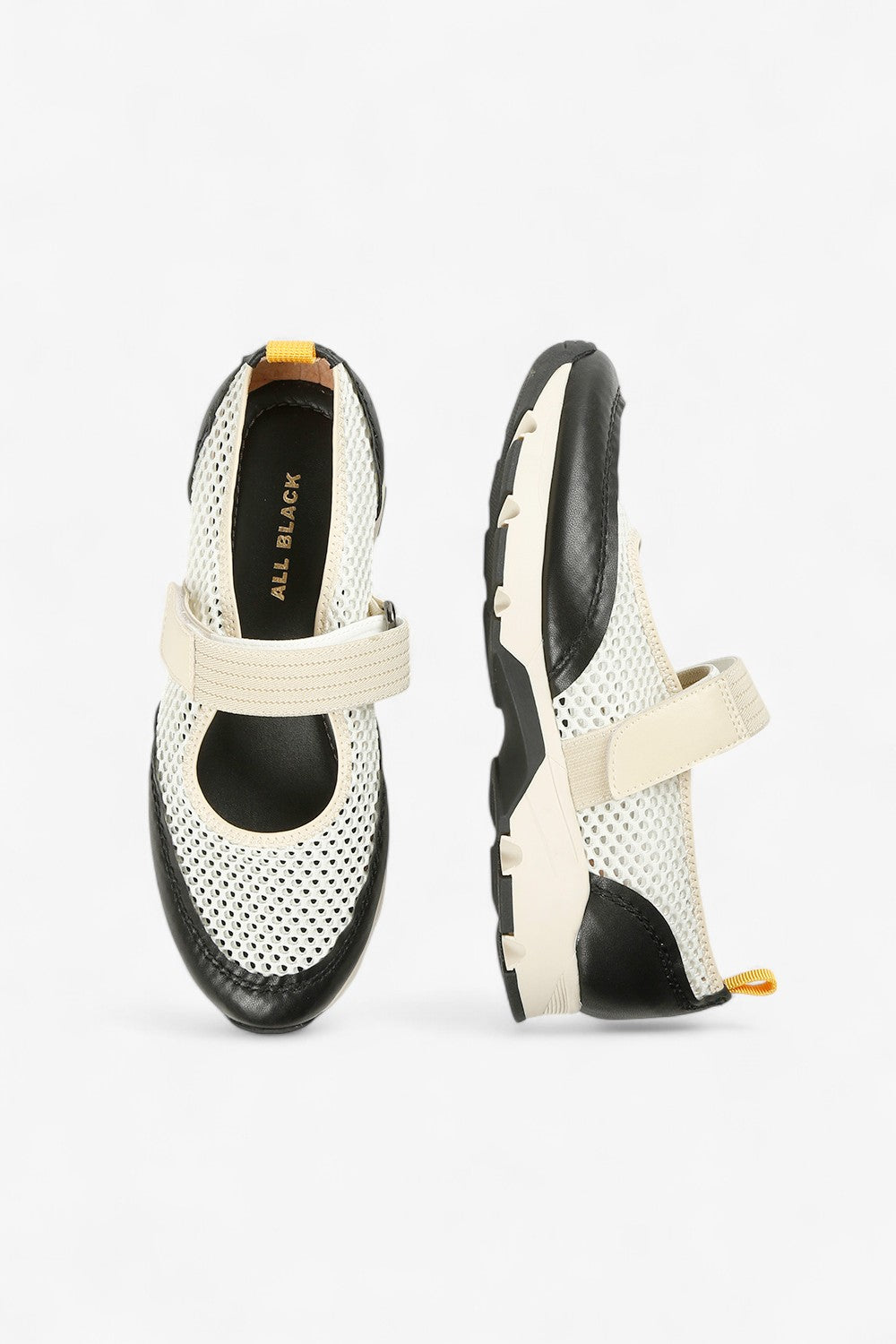 Close-Up of Beige Mesh, Leather, and Strap Detail on Women’s Mary Jane Sneaker