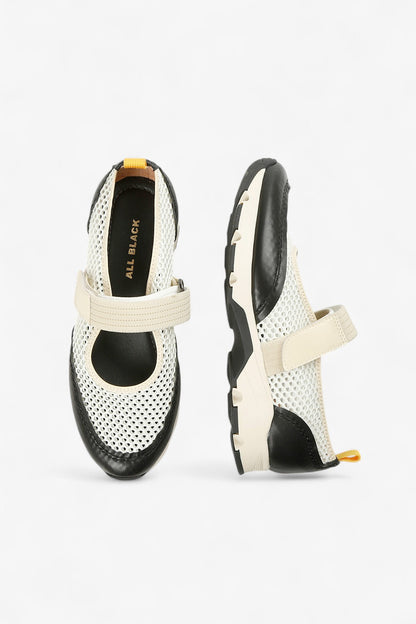 Close-Up of Beige Mesh, Leather, and Strap Detail on Women’s Mary Jane Sneaker